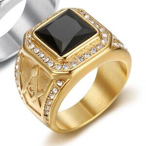 3/$35 Black Onyx Signet Titanium Ring for Men Gold Plated Band Cubic Zirconia CZ